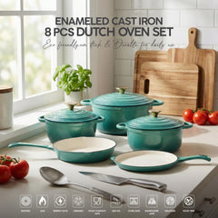 VAV GET Healthy and Safe Non-Stick Enameled Cast Iron 8-Piece Dutch Oven Cookware Set. Includes: 24cm Dutch Oven Fry Pan, Dutch Oven Crepe Pan, 18cm, 21cm, and 24cm Dutch Ovens with Lids.