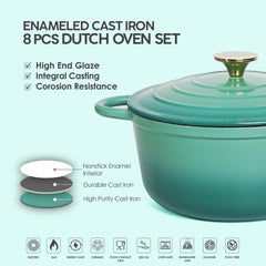 VAV GET Healthy and Safe Non-Stick Enameled Cast Iron 8-Piece Dutch Oven Cookware Set. Includes: 24cm Dutch Oven Fry Pan, Dutch Oven Crepe Pan, 18cm, 21cm, and 24cm Dutch Ovens with Lids.
