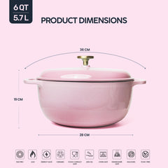 VAV GET 6QT Enameled Cast Iron Round Dutch Oven, Family Style Heavy-Duty Pre-Seasoned Cookware, Healthy & Safe Non-Stick, Oven & Stovetop Safe – Pink