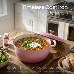 VAV GET 6QT Enameled Cast Iron Round Dutch Oven, Family Style Heavy-Duty Pre-Seasoned Cookware, Healthy & Safe Non-Stick, Oven & Stovetop Safe – Pink