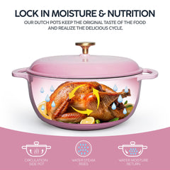 VAV GET 6QT Enameled Cast Iron Round Dutch Oven, Family Style Heavy-Duty Pre-Seasoned Cookware, Healthy & Safe Non-Stick, Oven & Stovetop Safe – Pink