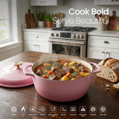 VAV GET 6QT Enameled Cast Iron Round Dutch Oven, Family Style Heavy-Duty Pre-Seasoned Cookware, Healthy & Safe Non-Stick, Oven & Stovetop Safe – Pink