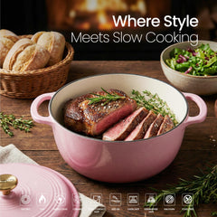 VAV GET 6QT Enameled Cast Iron Round Dutch Oven, Family Style Heavy-Duty Pre-Seasoned Cookware, Healthy & Safe Non-Stick, Oven & Stovetop Safe – Pink