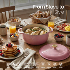 VAV GET 6QT Enameled Cast Iron Round Dutch Oven, Family Style Heavy-Duty Pre-Seasoned Cookware, Healthy & Safe Non-Stick, Oven & Stovetop Safe – Pink