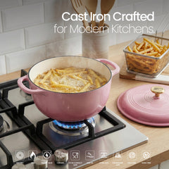 VAV GET 6QT Enameled Cast Iron Round Dutch Oven, Family Style Heavy-Duty Pre-Seasoned Cookware, Healthy & Safe Non-Stick, Oven & Stovetop Safe – Pink