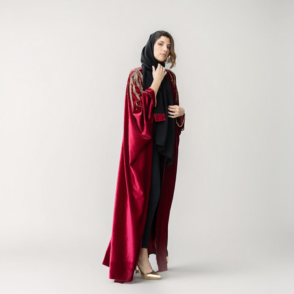 velvet abayas in uae, linen abaya, printed abaya, modern abayas in uae, floral design abaya