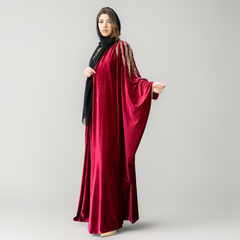 regal velvet occasion abaya with front open farasha style and matching sheila in uae