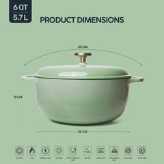 VAV GET 6QT Enameled Cast Iron Round Dutch Oven, Family Style Heavy-Duty Pre-Seasoned Cookware, Healthy & Safe Non-Stick, Oven & Stovetop Safe – Sage Green
