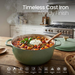 VAV GET 6QT Enameled Cast Iron Round Dutch Oven, Family Style Heavy-Duty Pre-Seasoned Cookware, Healthy & Safe Non-Stick, Oven & Stovetop Safe – Sage Green