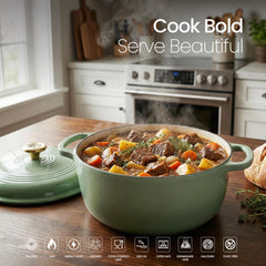 VAV GET 6QT Enameled Cast Iron Round Dutch Oven, Family Style Heavy-Duty Pre-Seasoned Cookware, Healthy & Safe Non-Stick, Oven & Stovetop Safe – Sage Green