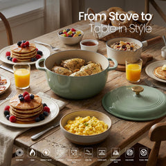 VAV GET 6QT Enameled Cast Iron Round Dutch Oven, Family Style Heavy-Duty Pre-Seasoned Cookware, Healthy & Safe Non-Stick, Oven & Stovetop Safe – Sage Green