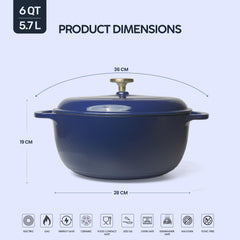 VAV GET 6QT Enameled Cast Iron Round Dutch Oven, Family Style Heavy-Duty Pre-Seasoned Cookware, Healthy & Safe Non-Stick, Oven & Stovetop Safe – Sapphire Blue