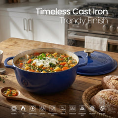 VAV GET 6QT Enameled Cast Iron Round Dutch Oven, Family Style Heavy-Duty Pre-Seasoned Cookware, Healthy & Safe Non-Stick, Oven & Stovetop Safe – Sapphire Blue