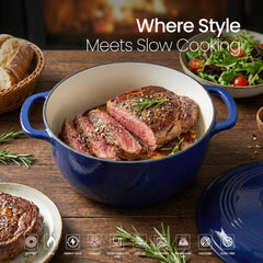 VAV GET 6QT Enameled Cast Iron Round Dutch Oven, Family Style Heavy-Duty Pre-Seasoned Cookware, Healthy & Safe Non-Stick, Oven & Stovetop Safe – Sapphire Blue