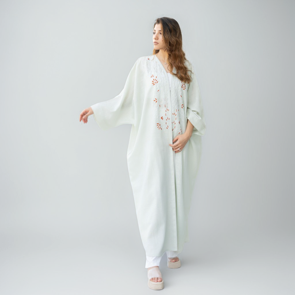 Serene Meadow Linen Abaya with Embroidered Details and Matching Sheila - VAV GET ME