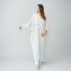 Serene Meadow Linen Abaya with Embroidered Details and Matching Sheila - VAV GET ME