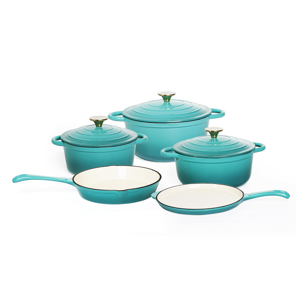 VAV GET Healthy and Safe Non-Stick Enameled Cast Iron 8-Piece Dutch Oven Cookware Set. Includes: 24cm Dutch Oven Fry Pan, Dutch Oven Crepe Pan, 18cm, 21cm, and 24cm Dutch Ovens with Lids.