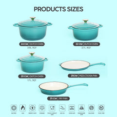 VAV GET Healthy and Safe Non-Stick Enameled Cast Iron 8-Piece Dutch Oven Cookware Set. Includes: 24cm Dutch Oven Fry Pan, Dutch Oven Crepe Pan, 18cm, 21cm, and 24cm Dutch Ovens with Lids.