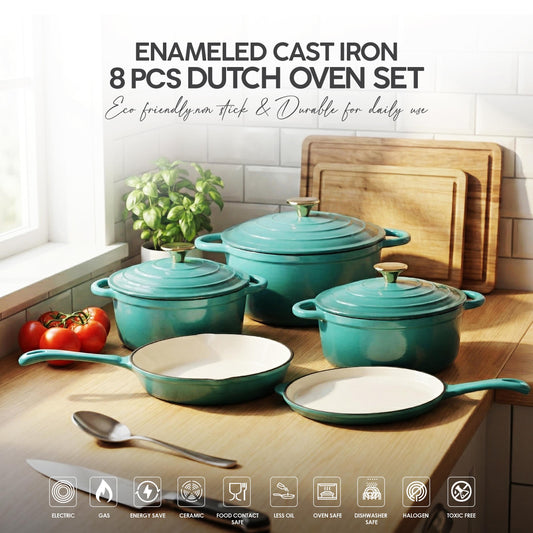 VAV GET Healthy and Safe Non-Stick Enameled Cast Iron 8-Piece Dutch Oven Cookware Set. Includes: 24cm Dutch Oven Fry Pan, Dutch Oven Crepe Pan, 18cm, 21cm, and 24cm Dutch Ovens with Lids.
