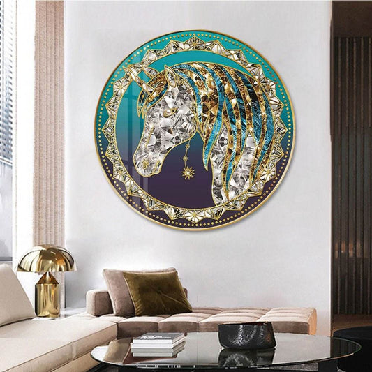 VAV GET - Wall Art Diamond Horse Circle 70 cm Diameter Framed Crystal Painting