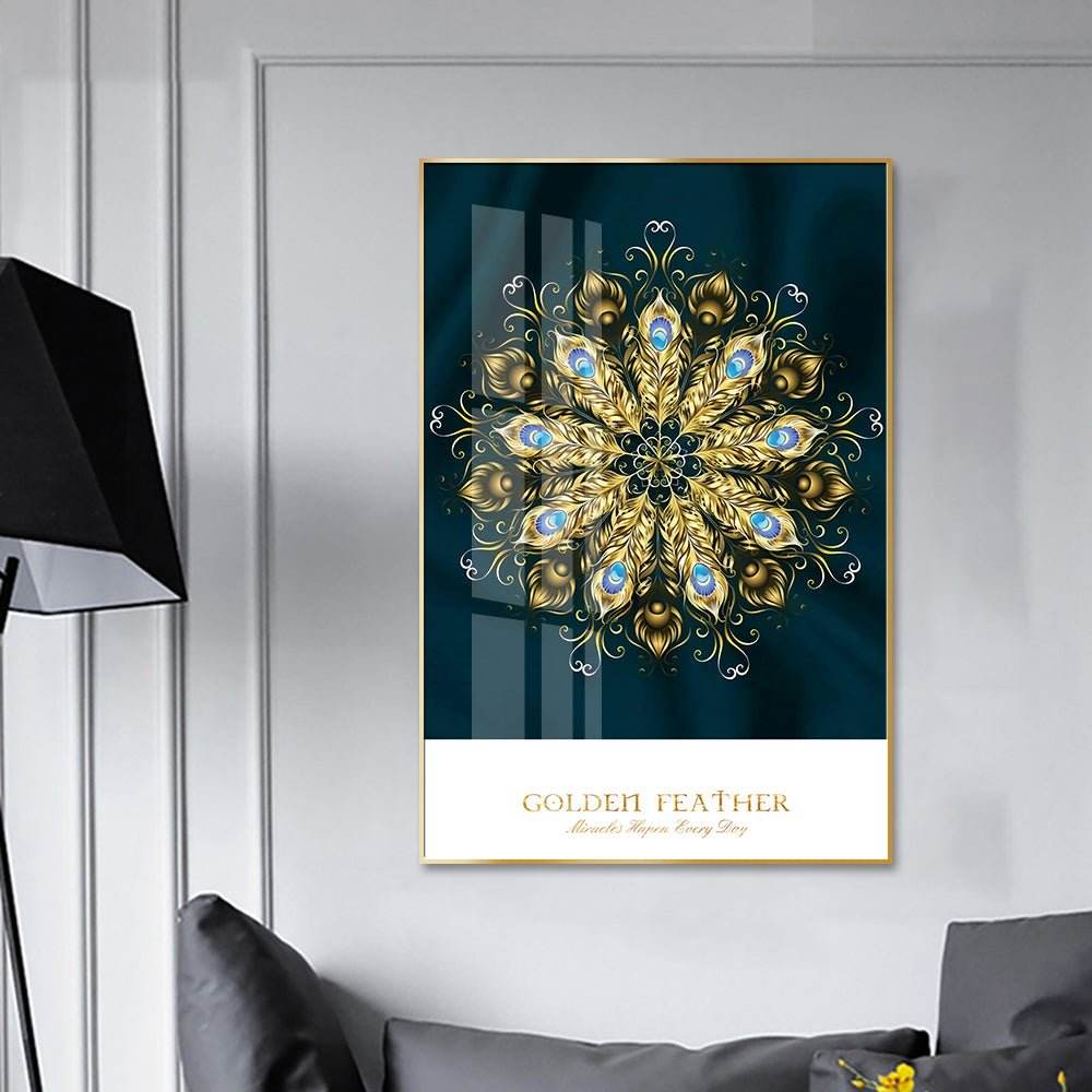 VAV GET - Wall Art Golden Feather Pattern Framed Crystal Painting 50 cm X 70 cm