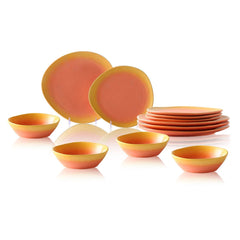 VAV GET 12-Piece Gradient Orange Dinnerware Set. Service for 4 includes: 4-pieces 28.3cm / 11inch Dinner Plates, 4-pieces 23cm / 9inch Appetizer Plates, 4-pieces 16.5cm / 6.5inch Bowls.
