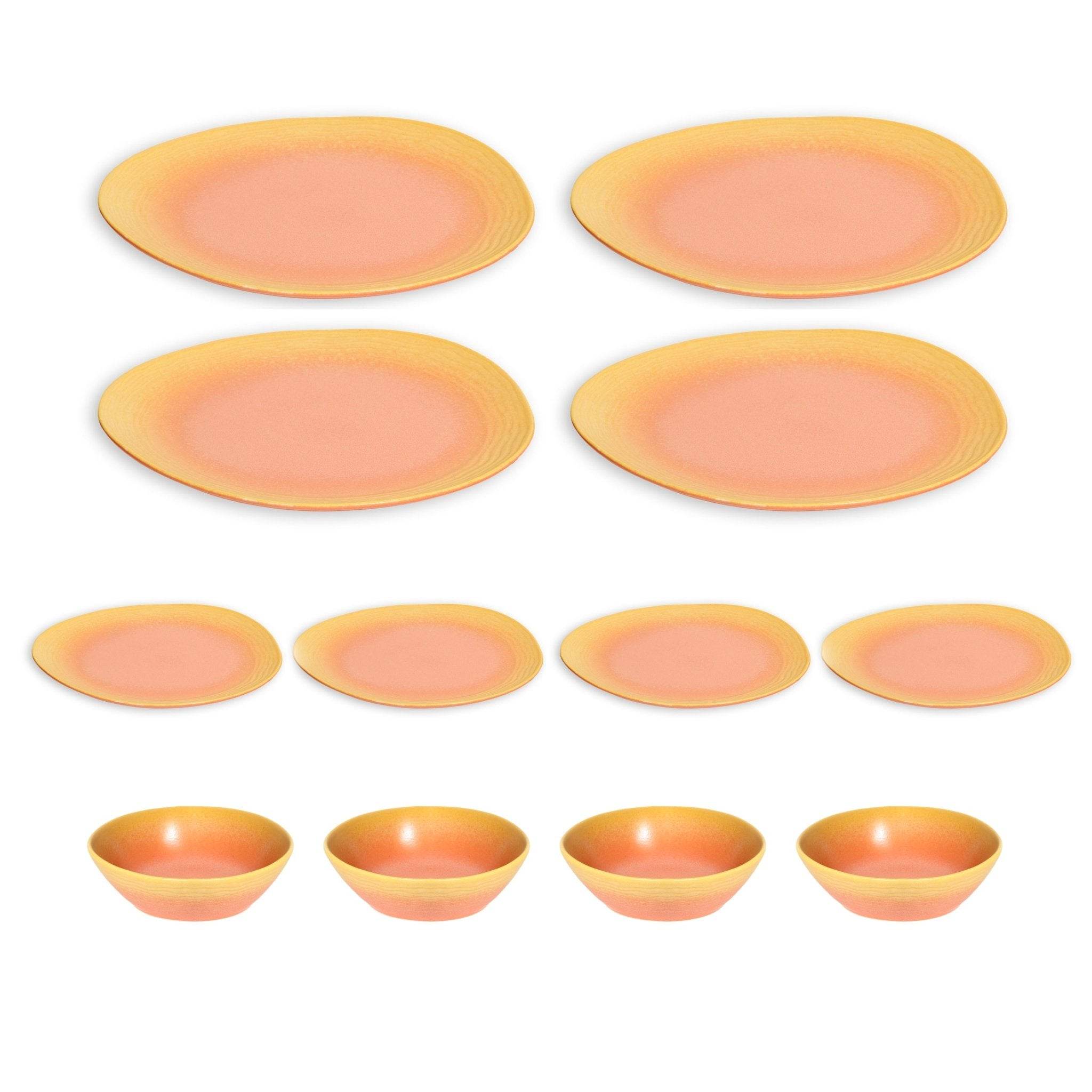 VAV GET 12-Piece Gradient Orange Dinnerware Set. Service for 4 includes: 4-pieces 28.3cm / 11inch Dinner Plates, 4-pieces 23cm / 9inch Appetizer Plates, 4-pieces 16.5cm / 6.5inch Bowls.
