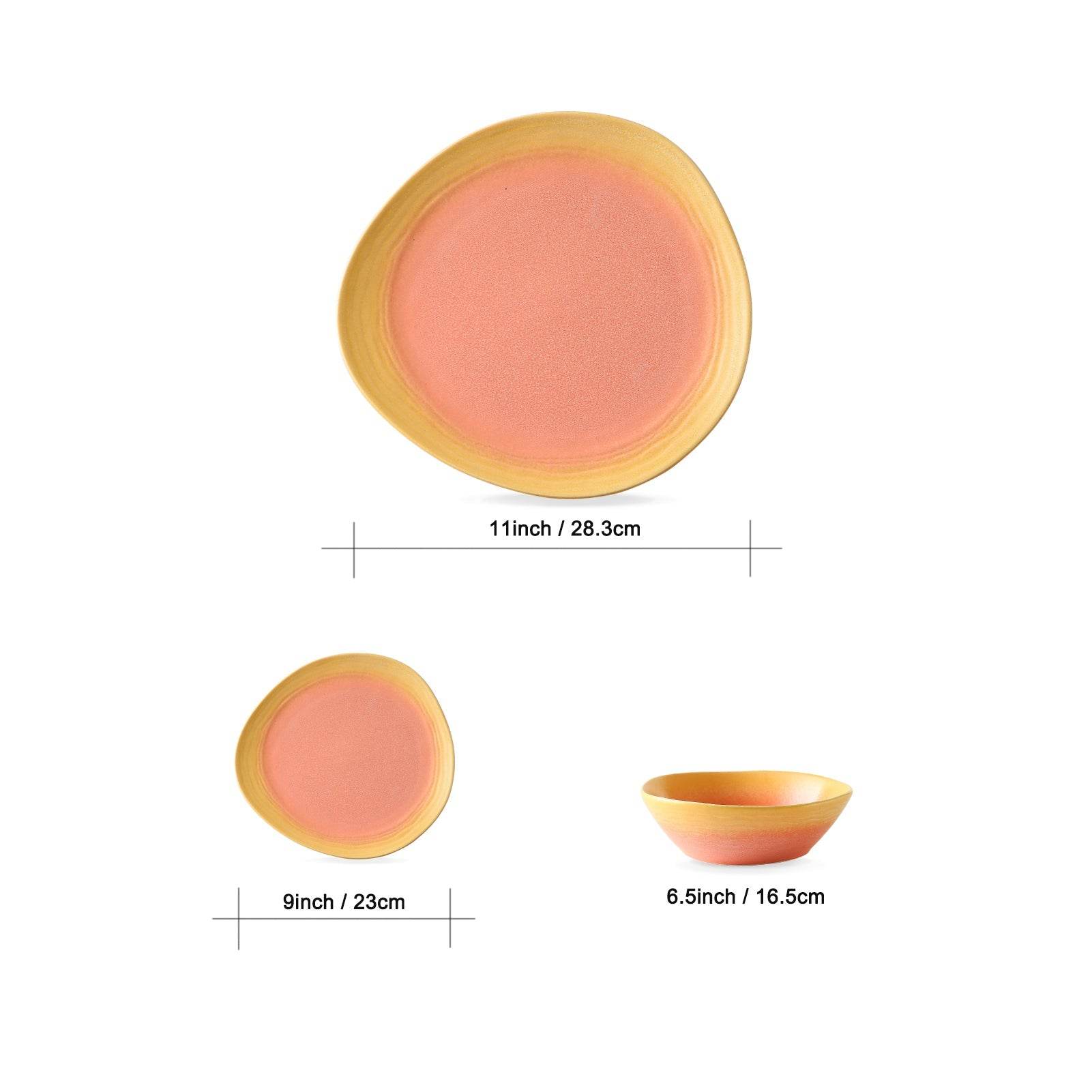 VAV GET 12-Piece Gradient Orange Dinnerware Set. Service for 4 includes: 4-pieces 28.3cm / 11inch Dinner Plates, 4-pieces 23cm / 9inch Appetizer Plates, 4-pieces 16.5cm / 6.5inch Bowls. 