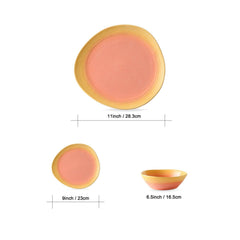 VAV GET 12-Piece Gradient Orange Dinnerware Set. Service for 4 includes: 4-pieces 28.3cm / 11inch Dinner Plates, 4-pieces 23cm / 9inch Appetizer Plates, 4-pieces 16.5cm / 6.5inch Bowls. 