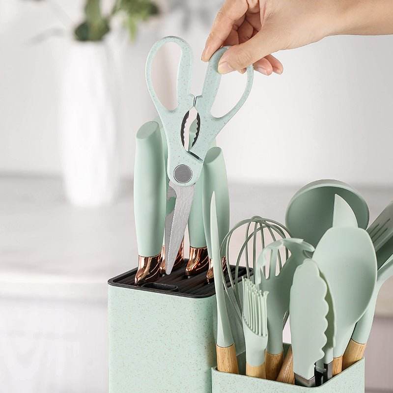 VAV GET 19-Piece Kitchen Knife and Utensils Set with Storage Rack, Silicone Cooking Utensils Set, Heat Resistant Kitchenware including cutting board, spoons whisk scraper spatula. Mint Green