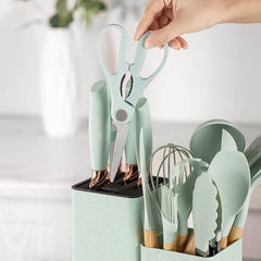 VAV GET 19-Piece Kitchen Knife and Utensils Set with Storage Rack, Silicone Cooking Utensils Set, Heat Resistant Kitchenware including cutting board, spoons whisk scraper spatula. Mint Green
