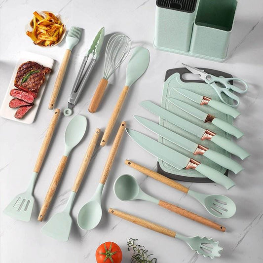 VAV GET 19-Piece Kitchen Knife and Utensils Set with Storage Rack, Silicone Cooking Utensils Set, Heat Resistant Kitchenware including cutting board, spoons whisk scraper spatula. Mint Green
