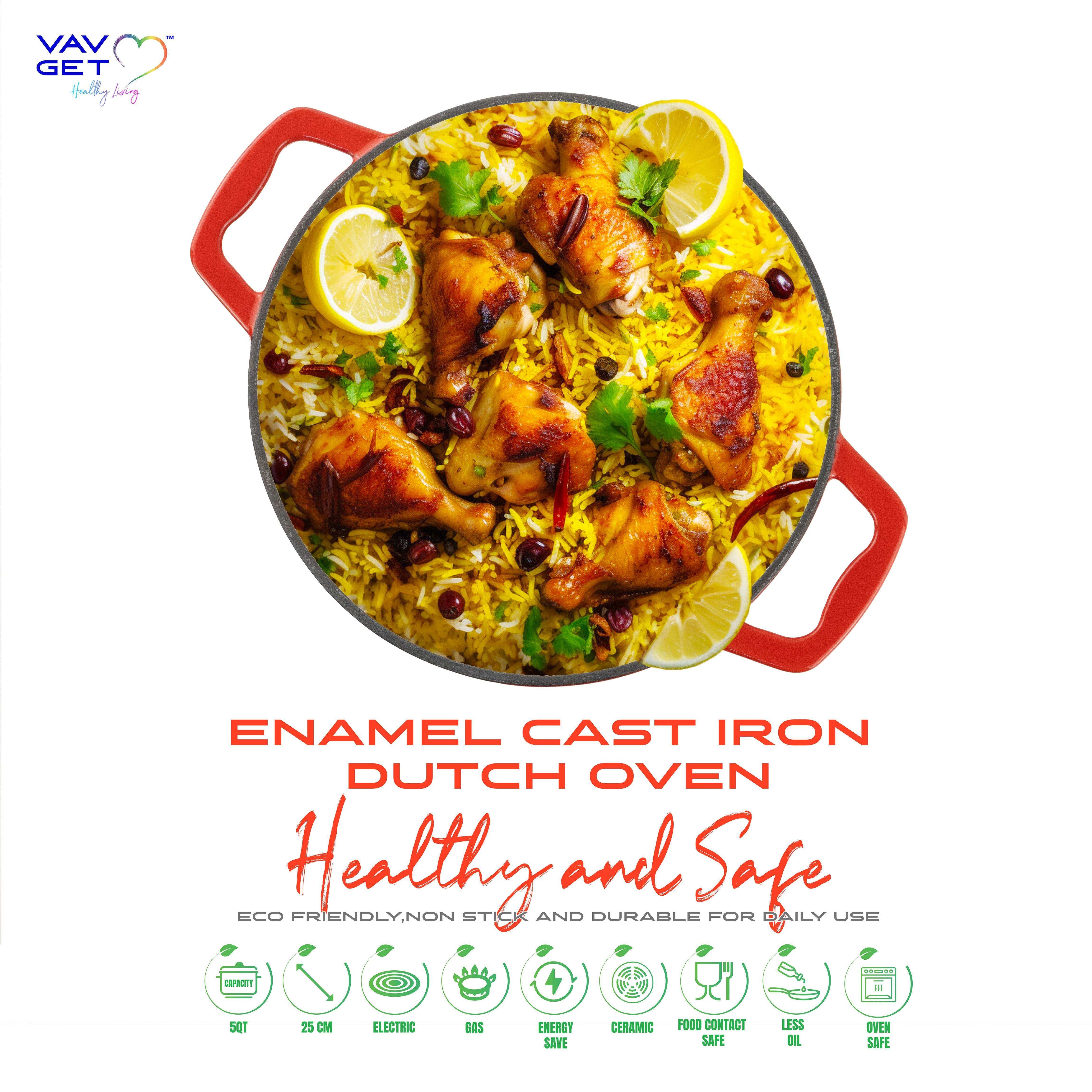 VAV GET Enameled Cast Iron Casserole Dish with Lid - 5 Quart Enamel Cookware Pot - Enameled Cast Iron Dutch Oven with Lid