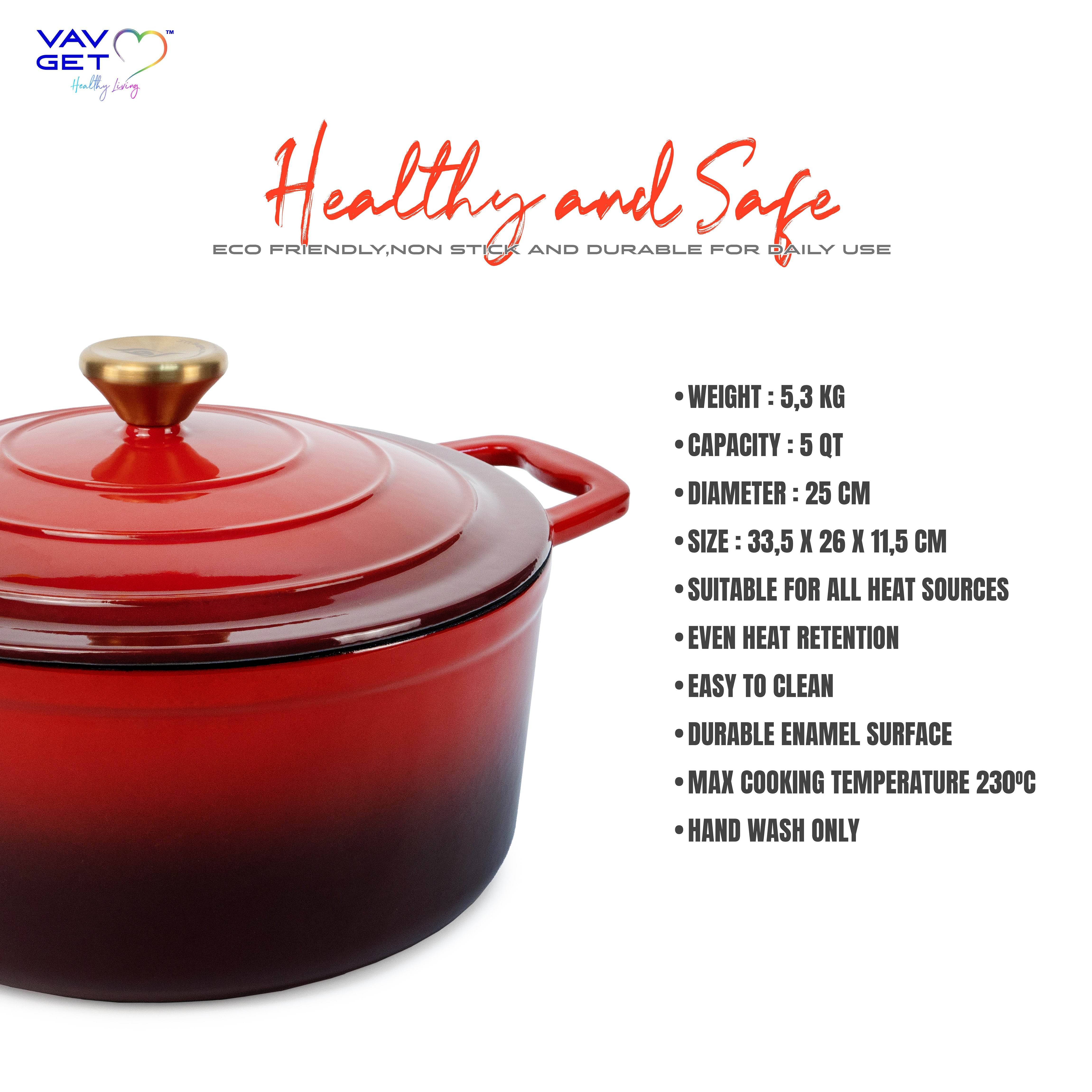 VAV GET Enameled Cast Iron Casserole Dish with Lid - 5 Quart Enamel Cookware Pot - Enameled Cast Iron Dutch Oven with Lid