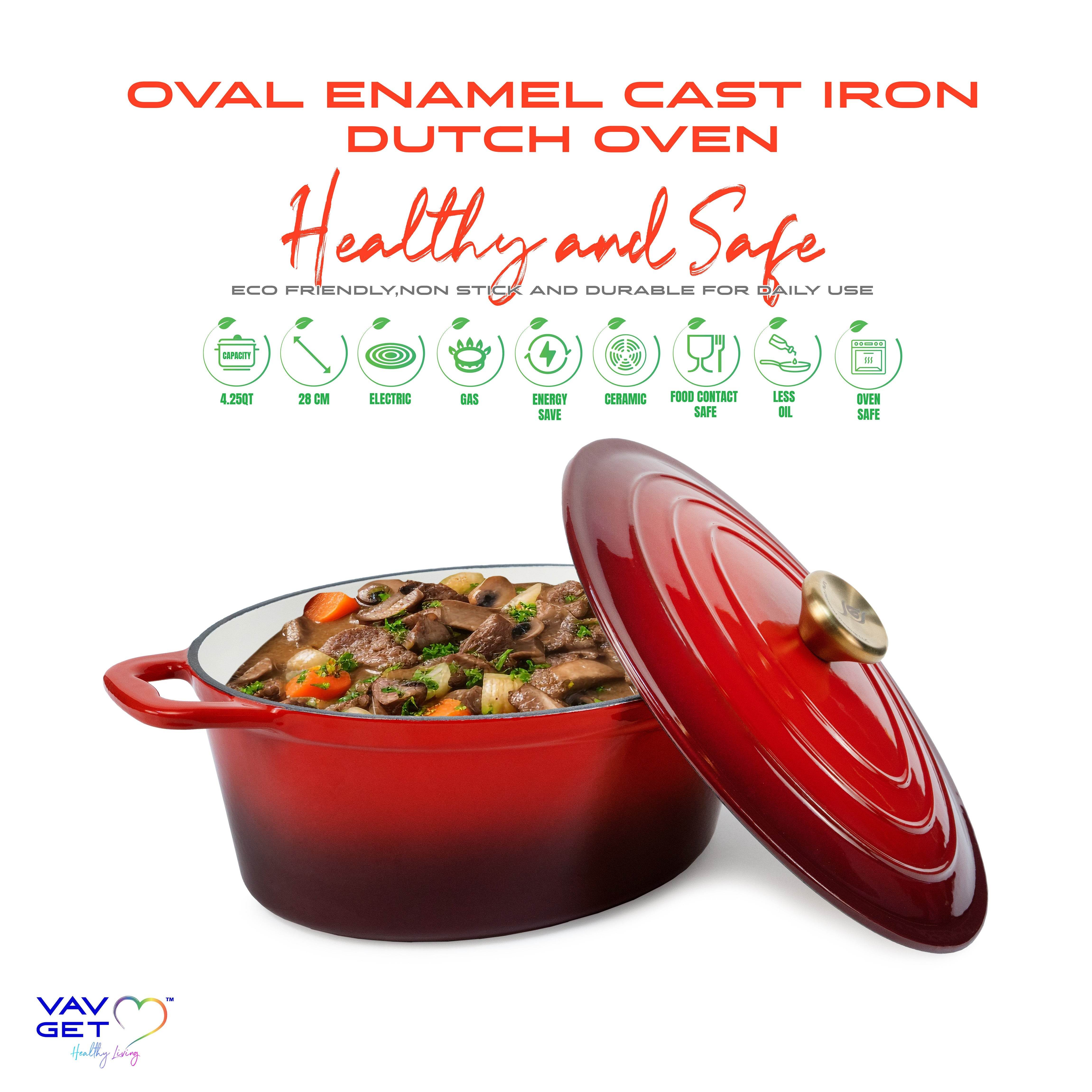 VAV GET Enameled Cast Iron Oval Casserole Dish with Lid - 4.25 Quart Enamel Oval Cookware Pot - Enameled Cast Iron Dutch Oven with Lid