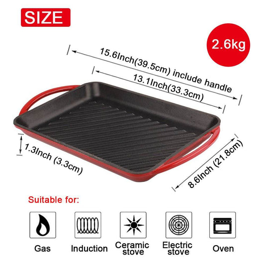 VAV GET Healthy and Safe, Non-Stick Cast Iron Dutch Oven Square Grill Pan, 21.8x33.3cm / 8.6x13.1Inch – Red