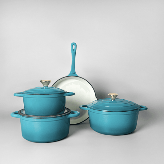 VAV GET Healthy and Safe, Non-Stick Enameled 7-PCS SET of Cast Iron Dutch Oven Cookwares. Set includes: 24cm Dutch Oven Fry Pan, 18cm, 21cm, 24cm Dutch Oven Cookwares with Lids and Gloves.