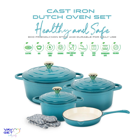 VAV GET Healthy and Safe, Non-Stick Enameled 7-PCS SET of Cast Iron Dutch Oven Cookwares. Set includes: 24cm Dutch Oven Fry Pan, 18cm, 21cm, 24cm Dutch Oven Cookwares with Lids and Gloves.