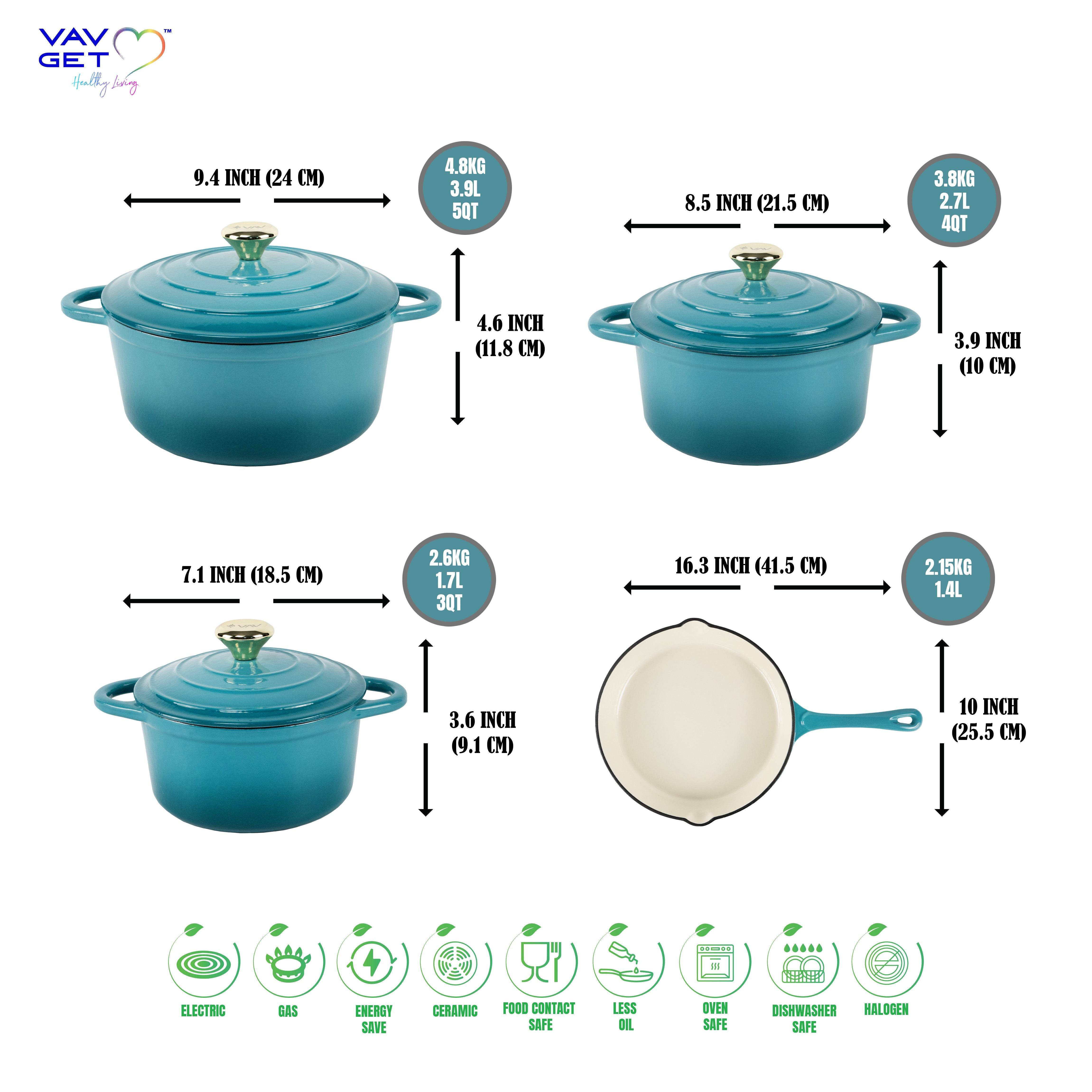 VAV GET Healthy and Safe, Non-Stick Enameled 7-PCS SET of Cast Iron Dutch Oven Cookwares. Set includes: 24cm Dutch Oven Fry Pan, 18cm, 21cm, 24cm Dutch Oven Cookwares with Lids and Gloves.