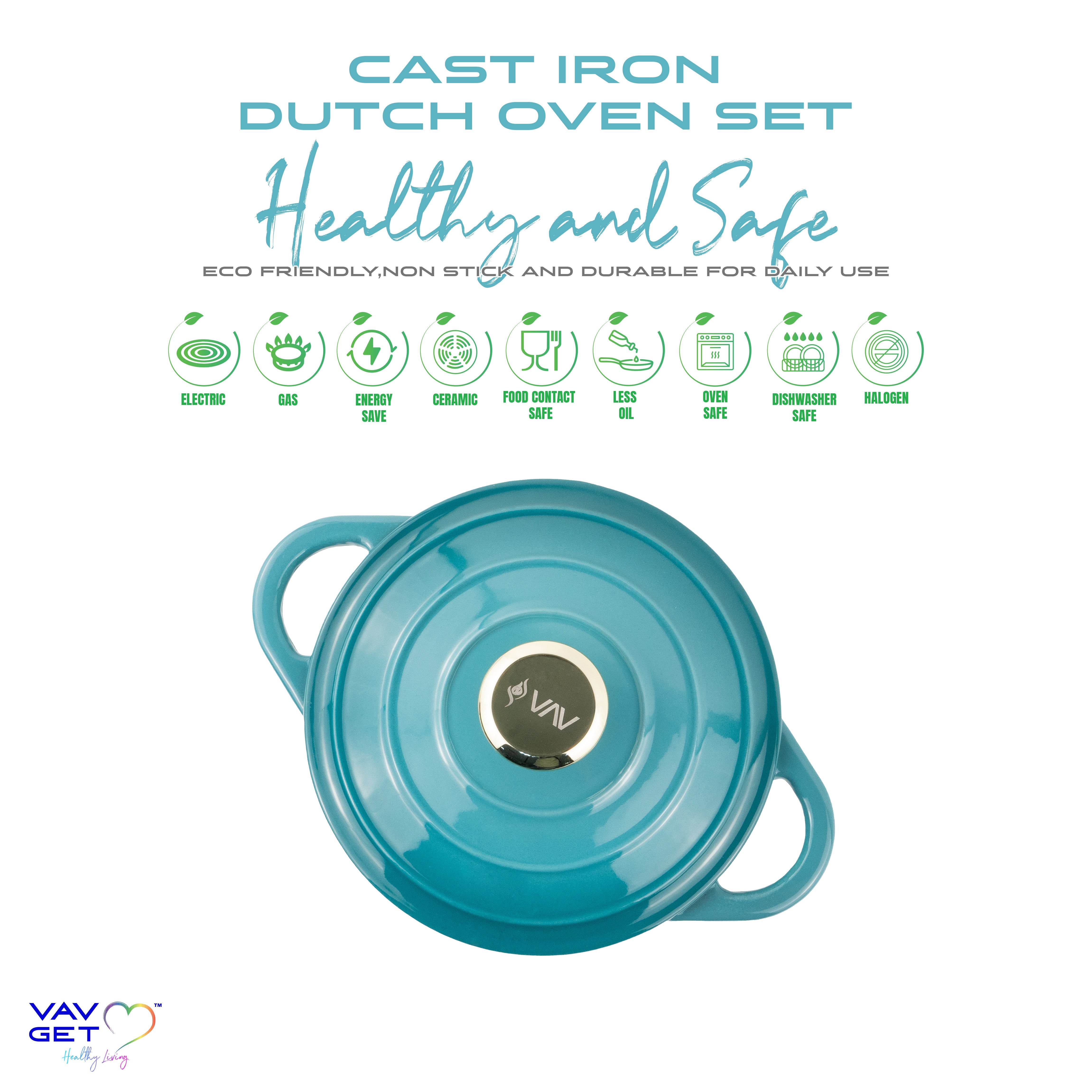 VAV GET Healthy and Safe, Non-Stick Enameled 7-PCS SET of Cast Iron Dutch Oven Cookwares. Set includes: 24cm Dutch Oven Fry Pan, 18cm, 21cm, 24cm Dutch Oven Cookwares with Lids and Gloves.
