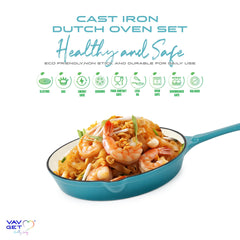 VAV GET Healthy and Safe, Non-Stick Enameled 7-PCS SET of Cast Iron Dutch Oven Cookwares. Set includes: 24cm Dutch Oven Fry Pan, 18cm, 21cm, 24cm Dutch Oven Cookwares with Lids and Gloves.