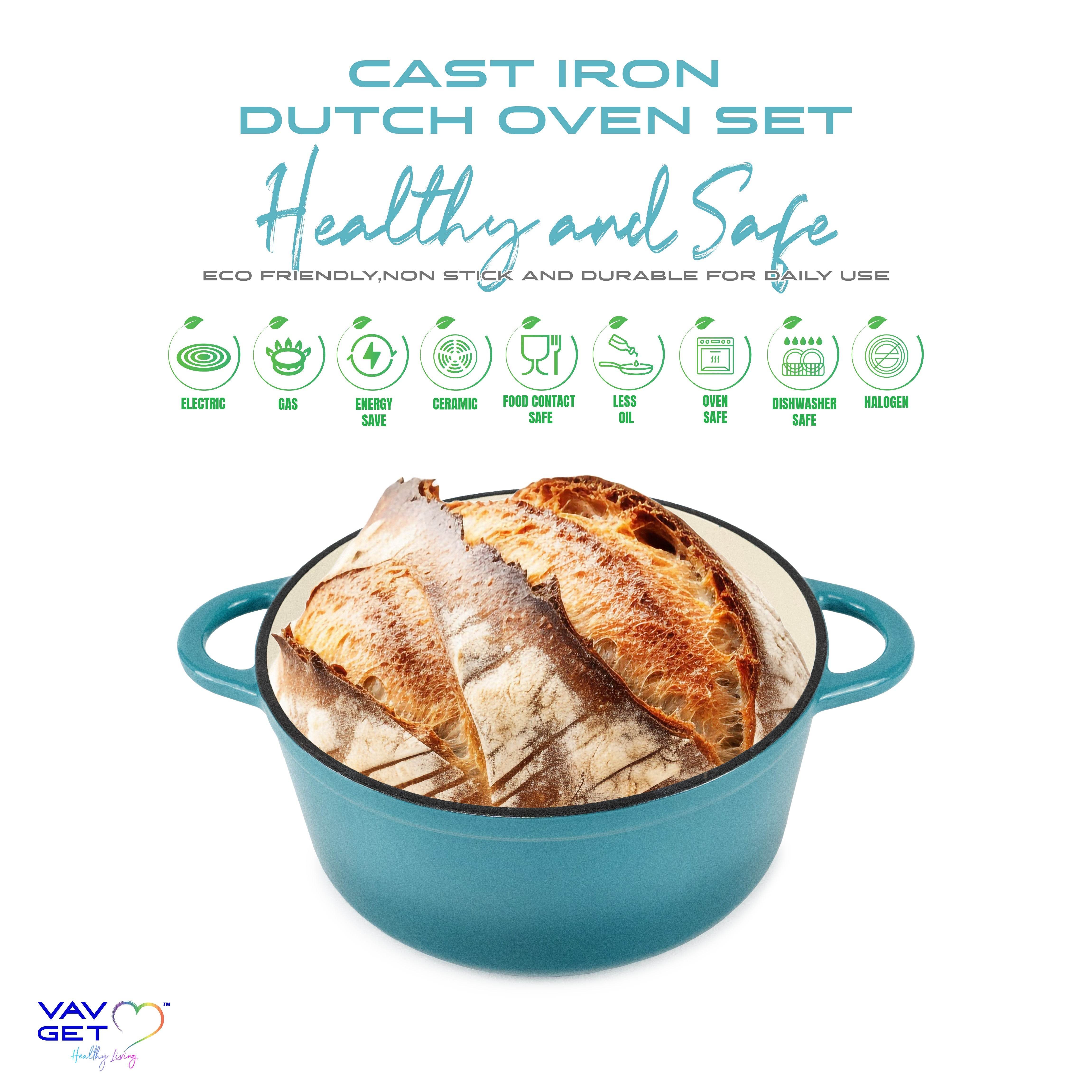 VAV GET Healthy and Safe, Non-Stick Enameled 7-PCS SET of Cast Iron Dutch Oven Cookwares. Set includes: 24cm Dutch Oven Fry Pan, 18cm, 21cm, 24cm Dutch Oven Cookwares with Lids and Gloves. - VAV GET ME