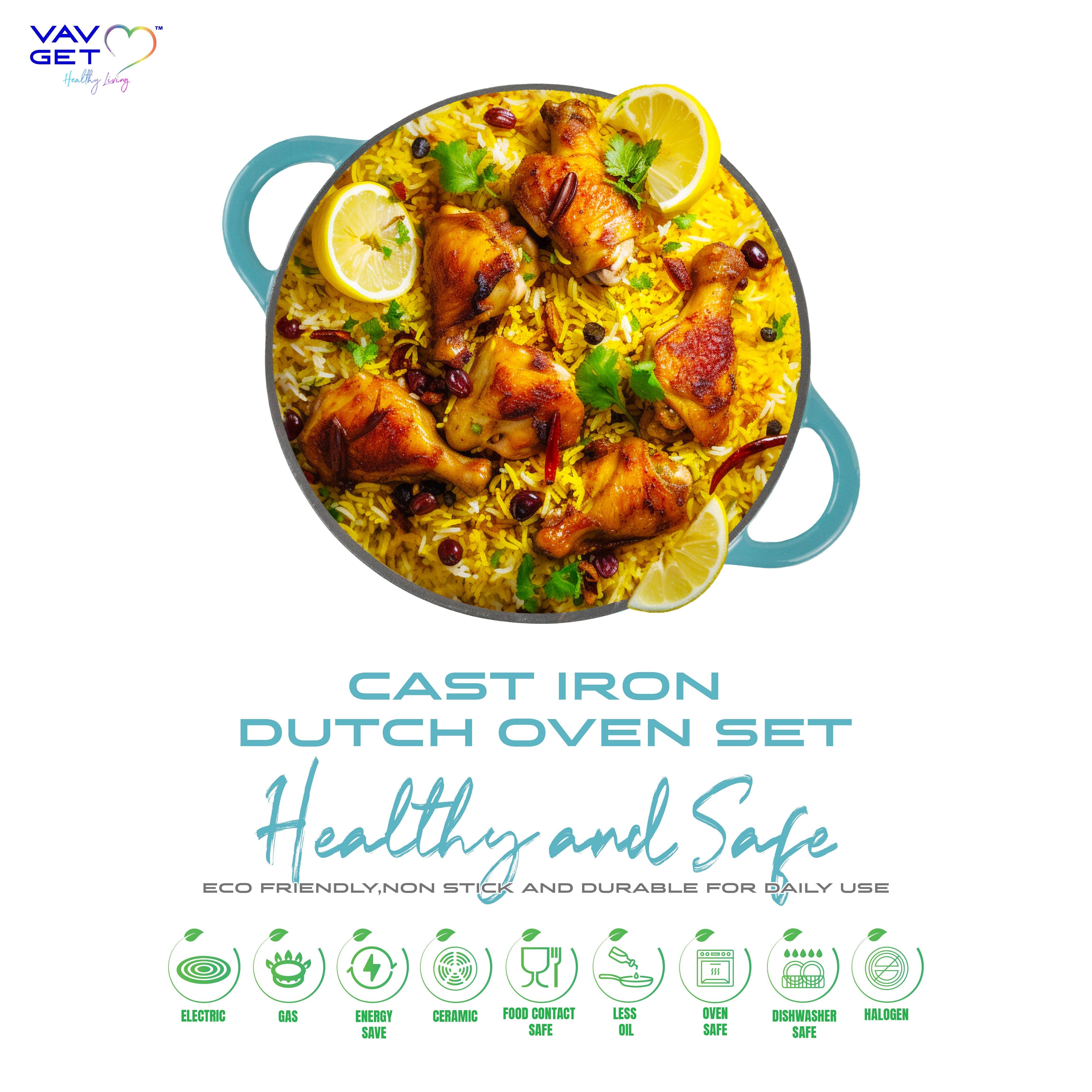 VAV GET Healthy and Safe, Non-Stick Enameled 7-PCS SET of Cast Iron Dutch Oven Cookwares. Set includes: 24cm Dutch Oven Fry Pan, 18cm, 21cm, 24cm Dutch Oven Cookwares with Lids and Gloves. - VAV GET ME