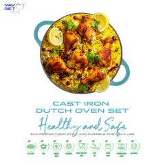 VAV GET Healthy and Safe, Non-Stick Enameled 7-PCS SET of Cast Iron Dutch Oven Cookwares. Set includes: 24cm Dutch Oven Fry Pan, 18cm, 21cm, 24cm Dutch Oven Cookwares with Lids and Gloves. - VAV GET ME