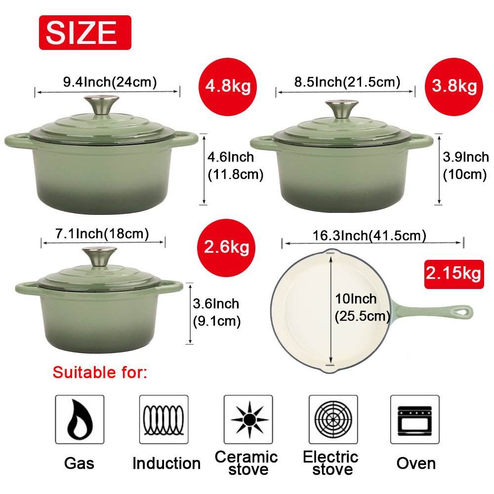 VAV GET Healthy and Safe, Non-Stick Enameled 7-PCS SET of Cast Iron Dutch Oven Cookwares. Set includes: 24cm Dutch Oven Fry Pan, 18cm, 21cm, 24cm Dutch Oven Cookwares with Lids and Gloves.