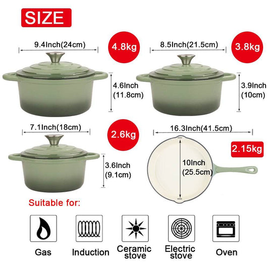 VAV GET Healthy and Safe, Non-Stick Enameled 7-PCS SET of Cast Iron Dutch Oven Cookwares. Set includes: 24cm Dutch Oven Fry Pan, 18cm, 21cm, 24cm Dutch Oven Cookwares with Lids and Gloves.