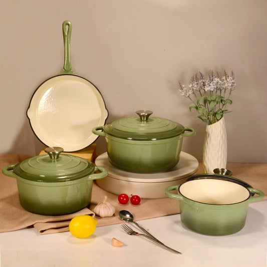VAV GET Healthy and Safe, Non-Stick Enameled 7-PCS SET of Cast Iron Dutch Oven Cookwares. Set includes: 24cm Dutch Oven Fry Pan, 18cm, 21cm, 24cm Dutch Oven Cookwares with Lids and Gloves.