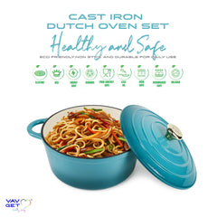 VAV GET Healthy and Safe, Non-Stick Enameled 7-PCS SET of Cast Iron Dutch Oven Cookwares. Set includes: 24cm Dutch Oven Fry Pan, 18cm, 21cm, 24cm Dutch Oven Cookwares with Lids and Gloves.
