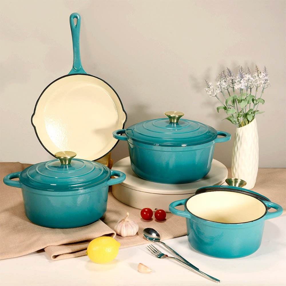 VAV GET Healthy and Safe, Non-Stick Enameled 7-PCS SET of Cast Iron Dutch Oven Cookwares. Set includes: 24cm Dutch Oven Fry Pan, 18cm, 21cm, 24cm Dutch Oven Cookwares with Lids.
