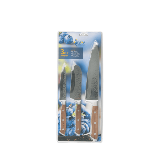 VAV GET PREMIUM 3-Piece Knives Set. Set includes: 8-inch Chef, 5-inch Santoku & Utility Knives. Comfortable Walnut Wood Handle and Professional Hammered Stainless Steel with Long-Lasting Sharpness.
